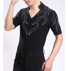 Black stand collar v neck short sleeves men's male performance competition professional latin ballroom waltz tango flamenco dance dancing tops shirts for mens